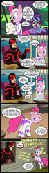 Size: 571x2000 | Tagged: safe, artist:madmax, fili-second, pinkie pie, twilight sparkle, alicorn, pony, g4, power ponies (episode), blatant lies, butt, comic, crossover, cupcake, cyclops (marvel), female, lies, mare, masked matter-horn costume, out of character, plot, power ponies, spray paint, twilight sparkle (alicorn), x-men