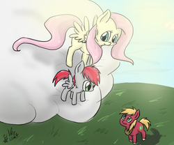 Size: 1200x1000 | Tagged: safe, artist:silbersternenlicht, big macintosh, fluttershy, oc, earth pony, pony, g4, flying lesson, male, offspring, parent:big macintosh, parent:fluttershy, parents:fluttermac, ship:fluttermac, shipping, stallion, straight