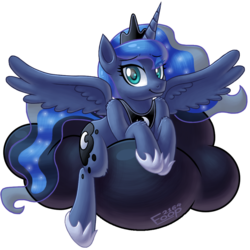Size: 990x990 | Tagged: safe, artist:freezyfoop, princess luna, alicorn, pony, g4, cloud, cute, female, fluffy, leg fluff, looking at you, lunabetes, lying, lying down, mare, prone, shoulder fluff, simple background, smiling, solo, spread wings, straddling, transparent background, wings