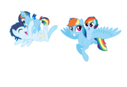 Size: 1024x703 | Tagged: dead source, safe, artist:wafflezponyartist, rainbow dash, soarin', oc, pony, g4, female, holding a pony, male, offspring, parent:rainbow dash, parent:soarin', parents:soarindash, ponies riding ponies, riding, self riding, ship:soarindash, shipping, simple background, straight, transparent background