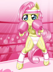 Size: 1023x1365 | Tagged: safe, artist:pugilismx, fluttershy, pony, semi-anthro, g4, bipedal, boxing, clothes, color, female, foxy boxing, headband, panties, pink underwear, solo, underwear