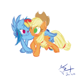 Size: 1200x1200 | Tagged: safe, artist:frist44, applejack, rainbow dash, earth pony, pegasus, pony, g4, bedroom eyes, blushing, butt touch, explicit source, eye contact, feathermarking, female, hat, lesbian, mare, ship:appledash, shipping, smiling, wide eyes