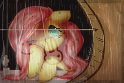 Size: 2160x1440 | Tagged: safe, artist:onion-eyed-goat, fluttershy, pegasus, pony, g4, bust, female, hoof on cheek, looking out the window, mare, misted glass drawing, one eye closed, rain, solo, window