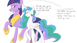 Size: 1884x1071 | Tagged: safe, artist:johnnyxluna, artist:php131, princess celestia, twilight sparkle, alicorn, pony, g4, collaboration, duo, female, height difference, hilarious in hindsight, hoof shoes, jewelry, macro, mare, older, peytral, regalia, simple background, size difference, tall, twilight sparkle (alicorn), ultimate twilight, white background