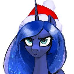 Size: 700x700 | Tagged: safe, artist:vombavr, princess luna, g4, christmas, female, front view, full face view, hat, holiday, looking at you, portrait, santa hat, scowl, simple background, solo, white background