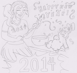 Size: 1500x1430 | Tagged: safe, artist:santanon, fluffy pony, human, confetti, happy new year, monochrome, ralphie