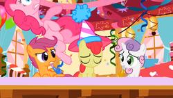 Size: 969x545 | Tagged: safe, screencap, apple bloom, pinkie pie, scootaloo, sweetie belle, g4, the cutie pox, cutie mark crusaders, hat, party hat, party horn, streamers, sugarcube corner