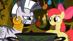 Size: 969x545 | Tagged: safe, screencap, apple bloom, zecora, zebra, g4, the cutie pox, cauldron, chipped tooth, duo, open mouth, smiling, tooth gap