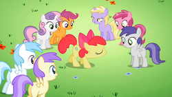 Size: 969x545 | Tagged: safe, screencap, alula, apple bloom, cotton cloudy, dinky hooves, pluto, ruby pinch, scootaloo, sweetie belle, tornado bolt, g4, the cutie pox, filly