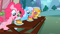 Size: 969x545 | Tagged: safe, screencap, carrot top, cherry berry, golden harvest, linky, pinkie pie, shoeshine, pony, g4, the cutie pox, food, pie, plate