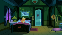 Size: 968x545 | Tagged: safe, screencap, applejack, g4, the cutie pox, bed, bedroom, eyes closed, female, on back, sleeping, smiling, solo
