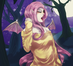 Size: 2000x1831 | Tagged: safe, artist:lady-was-taken, fluttershy, bat pony, human, g4, bat wings, clothes, fangs, female, flutterbat, humanized, light skin, moon, night, open mouth, pink hair, race swap, red eyes, solo, sweater, tree, winged humanization