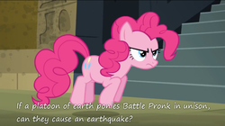 Size: 800x447 | Tagged: safe, pinkie pie, earth pony, pony, daring don't, g4, battle pronking, female, frown, glare, insane pony thread, mare, pronking, solo, text