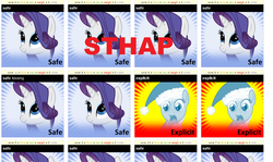 Size: 1095x651 | Tagged: safe, screencap, applejack, rarity, earth pony, pony, unicorn, derpibooru, g4, meta:explicit, meta:safe, stahp, technical difficulties