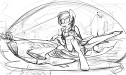 Size: 1250x750 | Tagged: safe, artist:yakovlev-vad, rainbow dash, pegasus, pony, g4, female, flag, grayscale, hoverbike, monochrome, sketch, solo