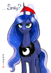 Size: 2436x3457 | Tagged: safe, artist:vombavr, edit, princess luna, g4, christmas, female, hat, holiday, inverted mouth, santa hat, simple background, smirk, solo, unamused, white background