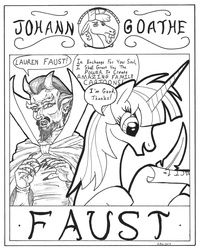 Size: 967x1200 | Tagged: safe, artist:abronyaccount, oc, oc only, oc:fausticorn, goat, faust, faustian pact, lauren faust, lineart, mephisto, mephistopheles, monochrome