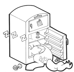 Size: 1028x1000 | Tagged: safe, artist:abronyaccount, derpy hooves, pegasus, pony, g4, female, i emptied your fridge, mare, monochrome, pony in fridge, refrigerator, sleeping, solo, zzz