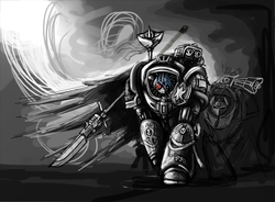 Size: 3800x2800 | Tagged: safe, artist:europamaxima, shining armor, g4, armor, bolter, crossover, gray background, grayscale, grey knights, gun, male, monochrome, nemesis force halberd, polearm, power armor, powered exoskeleton, prosthetic eye, prosthetics, psilencer, psycannon, simple background, solo, storm bolter, terminator armor, warhammer (game), warhammer 40k, weapon