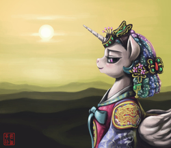 Size: 1835x1596 | Tagged: safe, artist:mrs1989, princess celestia, g4, alternate hairstyle, female, headdress, korean, solo