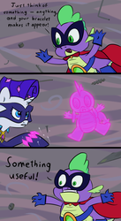 Size: 776x1415 | Tagged: safe, artist:danielpon, radiance, rarity, spike, g4, power ponies (episode), clothes, comic, costume, humdrum costume, implied sparity, power ponies, self deprecation