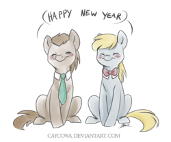 Size: 723x600 | Tagged: safe, artist:caycowa, derpy hooves, doctor whooves, time turner, pegasus, pony, g4, bowtie, female, happy new year, mare, necktie, new year