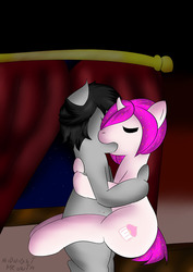 Size: 500x707 | Tagged: safe, artist:midnightmeowth, oc, oc only, pony, unicorn, curtains, female, hug, kissing, mare