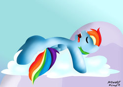 Size: 1024x724 | Tagged: safe, artist:midnightmeowth, rainbow dash, g4, cloud, female, sleeping, solo, tongue out