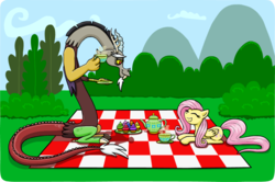 Size: 1096x729 | Tagged: safe, artist:jadeile, discord, fluttershy, g4, cupcake, female, male, picnic, picnic blanket, ship:discoshy, shipping, straight, tea, tea party, teacup, teapot
