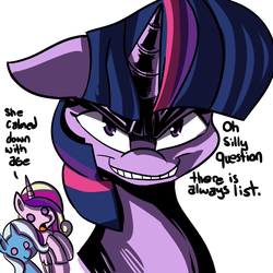 Size: 1280x1280 | Tagged: safe, artist:fauxsquared, princess cadance, trixie, twilight sparkle, trixie is magic, g4, evil smile, tumblr