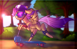 Size: 2338x1483 | Tagged: safe, artist:tidalwav-3, scootaloo, g4, female, goggles, scooter, solo
