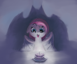 Size: 1579x1323 | Tagged: safe, artist:fealev, pinkie pie, bat pony, pony, vampire, bats!, g4, bat ponified, cake, female, pinkiebat, solo