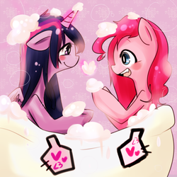 Size: 800x800 | Tagged: safe, artist:lessue, pinkie pie, twilight sparkle, alicorn, pony, g4, bath, blushing, bubble, female, heart, lesbian, mare, ship:twinkie, shipping, soap, twilight sparkle (alicorn), wet mane