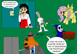 Size: 1150x800 | Tagged: safe, artist:pheeph, fluttershy, bat pony, human, pony, rabbit, shy guy, bats!, g4, apple, cart, crossover, flutterbat, gun, hino rei, max (sam and max), race swap, sailor moon (series), sam (sam and max), sam and max, super mario bros., weapon