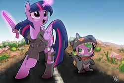 Size: 2000x1341 | Tagged: safe, artist:cakewasgood, spike, twilight sparkle, alicorn, pony, g4, female, gun, mad max, mare, parody, pistol, shotgun, twilight sparkle (alicorn)