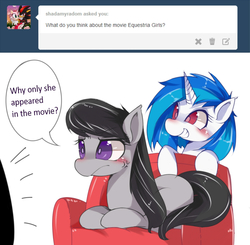 Size: 1000x980 | Tagged: safe, artist:hua, dj pon-3, octavia melody, vinyl scratch, earth pony, pony, unicorn, ask trolltavia, equestria girls, g4, ask, blushing, couch, engrish, grin, sad, smiling, tumblr