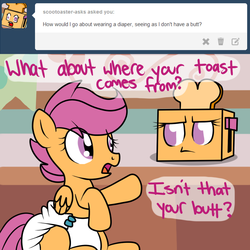 Size: 800x800 | Tagged: safe, artist:fillyscoots42, scootaloo, pegasus, pony, ask crinkleloo, g4, crinkleloo, diaper, diaper fetish, female, filly, foal, inanimate tf, non-baby in diaper, poofy diaper, scootoaster, self ponidox, sitting, transformation