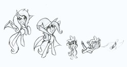 Size: 2228x1174 | Tagged: safe, artist:milayin, fluttershy, spike, trixie, bat pony, pony, bats!, g4, bipedal, flutterbat, monochrome, race swap, scroll