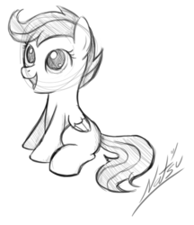 Size: 605x701 | Tagged: dead source, safe, artist:natsu714, scootaloo, pegasus, pony, g4, blank flank, cute, cutealoo, female, filly, foal, folded wings, grayscale, monochrome, open mouth, signature, simple background, sitting, solo, white background, wings