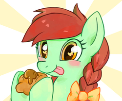 Size: 720x600 | Tagged: safe, artist:ponjii, candy apples, earth pony, pony, g4, apple family member, apple fritter (food), blushing, heart eyes, solo, wingding eyes