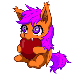 Size: 1000x1000 | Tagged: safe, artist:norang94, edit, scootaloo, bat pony, pony, g4, apple, bat ponified, female, filly, heart, race swap, recolor, scootabat, solo