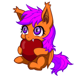 Size: 1000x1000 | Tagged: safe, artist:norang94, edit, scootaloo, bat pony, pony, g4, apple, bat ponified, female, filly, heart, race swap, recolor, scootabat, simple background, solo, transparent background