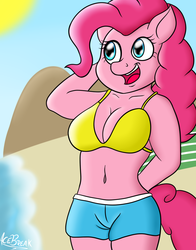 Size: 900x1150 | Tagged: safe, artist:icebreak23, pinkie pie, earth pony, anthro, g4, beach, belly button, bikini, cleavage, clothes, female, shorts, solo, swimsuit