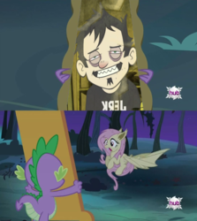 Size: 1088x1220 | Tagged: safe, edit, edited screencap, screencap, fluttershy, spike, bat pony, dragon, human, pony, vampire bat pony, bats!, g4, butt, dan, dan vs, female, flutterbat, flutterbat's mirror, hub logo, mare, meme, mirror, race swap