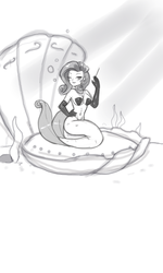 Size: 3000x5000 | Tagged: safe, artist:coralwhite, rarity, mermaid, g4, belly button, cigarette, cigarette holder, clothes, evening gloves, female, gloves, mermaidized, midriff, monochrome, seashell, seashell bra, smoking, solo, underwater