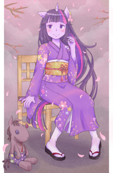 Size: 716x1100 | Tagged: safe, artist:ryo-tele, smarty pants, twilight sparkle, anthro, g4, ambiguous facial structure, chair, female, geta, kimono (clothing), pixiv, solo