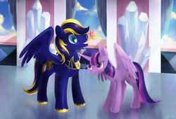 Size: 1024x695 | Tagged: dead source, safe, artist:jiayi, twilight sparkle, oc, oc:zephyr, alicorn, pegasus, pony, g4, big crown thingy, canon x oc, duo, element of magic, female, grin, jewelry, male, mare, mouth hold, regalia, smiling, spread wings, straight, twilight sparkle (alicorn), twiphyr