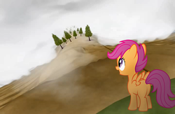 Size: 720x469 | Tagged: artist needed, safe, edit, scootaloo, oc, oc:trees, pegasus, pony, g4, butt, cliff, implied suicide, parody, plot, smiling, solo, this will end in death