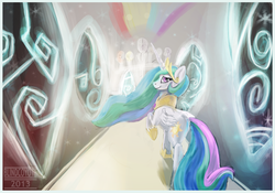 Size: 2948x2059 | Tagged: safe, artist:blindcoyote, princess celestia, g4, elements of harmony, female, looking at you, looking back, solo