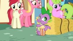Size: 969x545 | Tagged: safe, screencap, daisy, flower wishes, lily, lily valley, roseluck, spike, g4, the cutie pox, popcorn